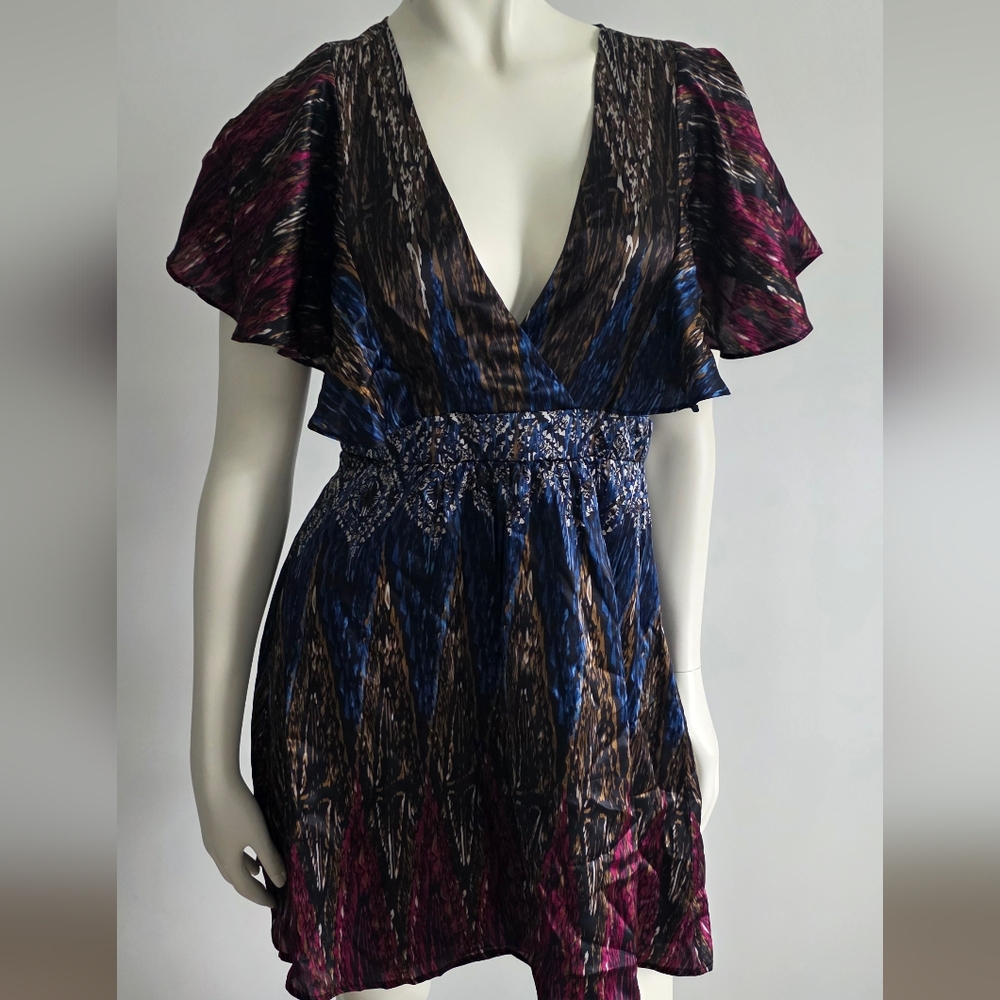 NWT Guess by Marciano Blue and Purple Flutter Sleeve Silk Mini Dress S